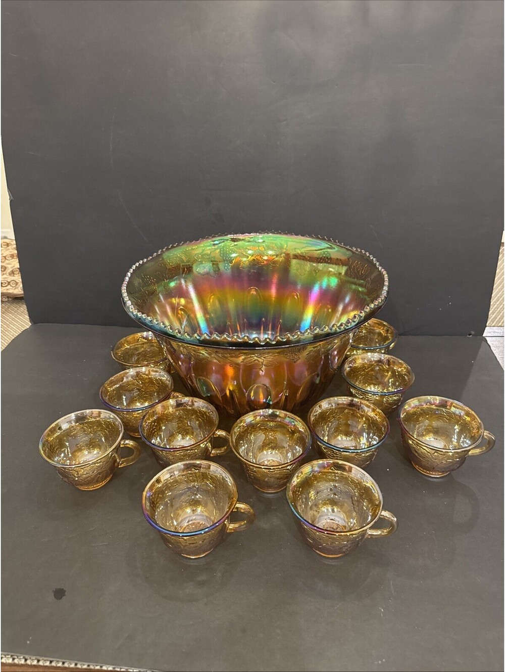 Indiana Glass Amber Iridescent Carnival Punch Bowl 12 Cups Grape Harvest Gorg